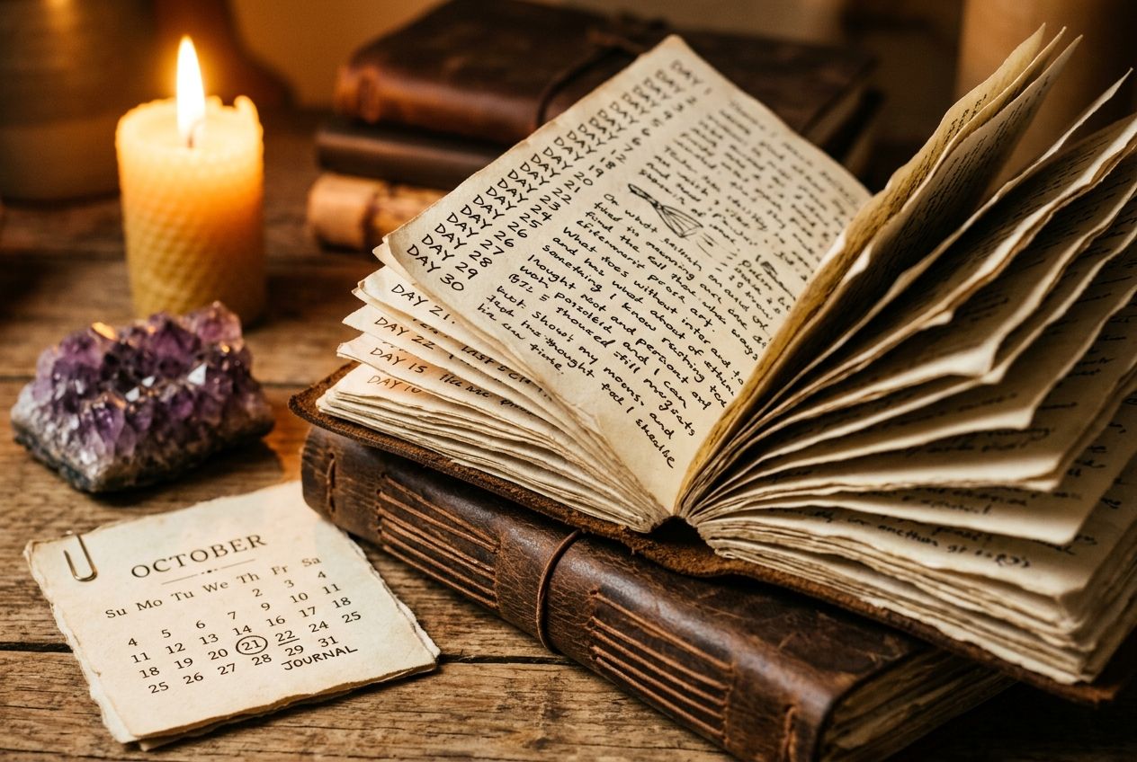 gratitude journal prompts — stack of journals showing 30-day practice with candlelight