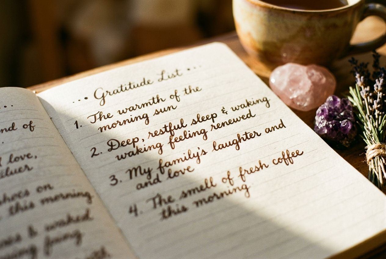 gratitude journal prompts — handwritten gratitude list in journal with morning sunlight