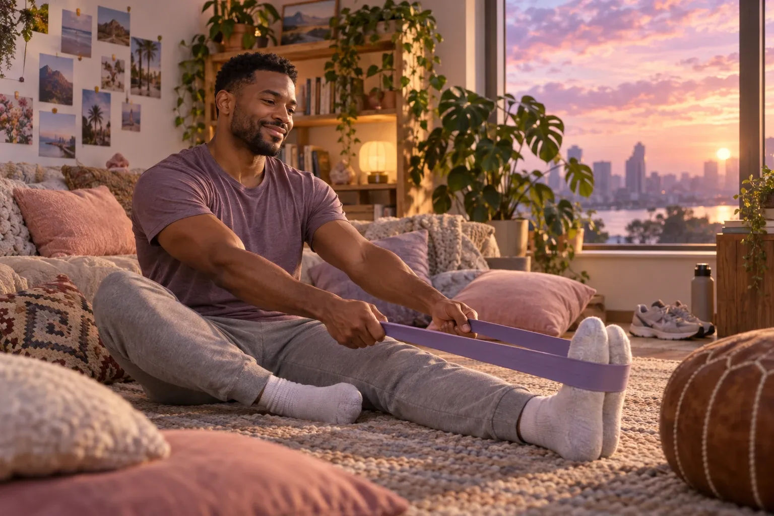 Health vision board idea: a man stretches with a band in a cushion-filled living room by a photo board
