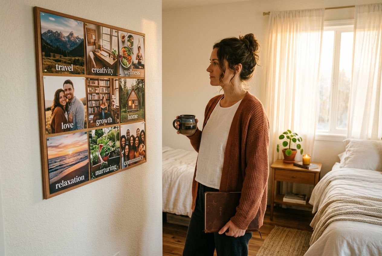 how to make a vision board â€” woman standing in front of vision board in morning light holding journal and coffee