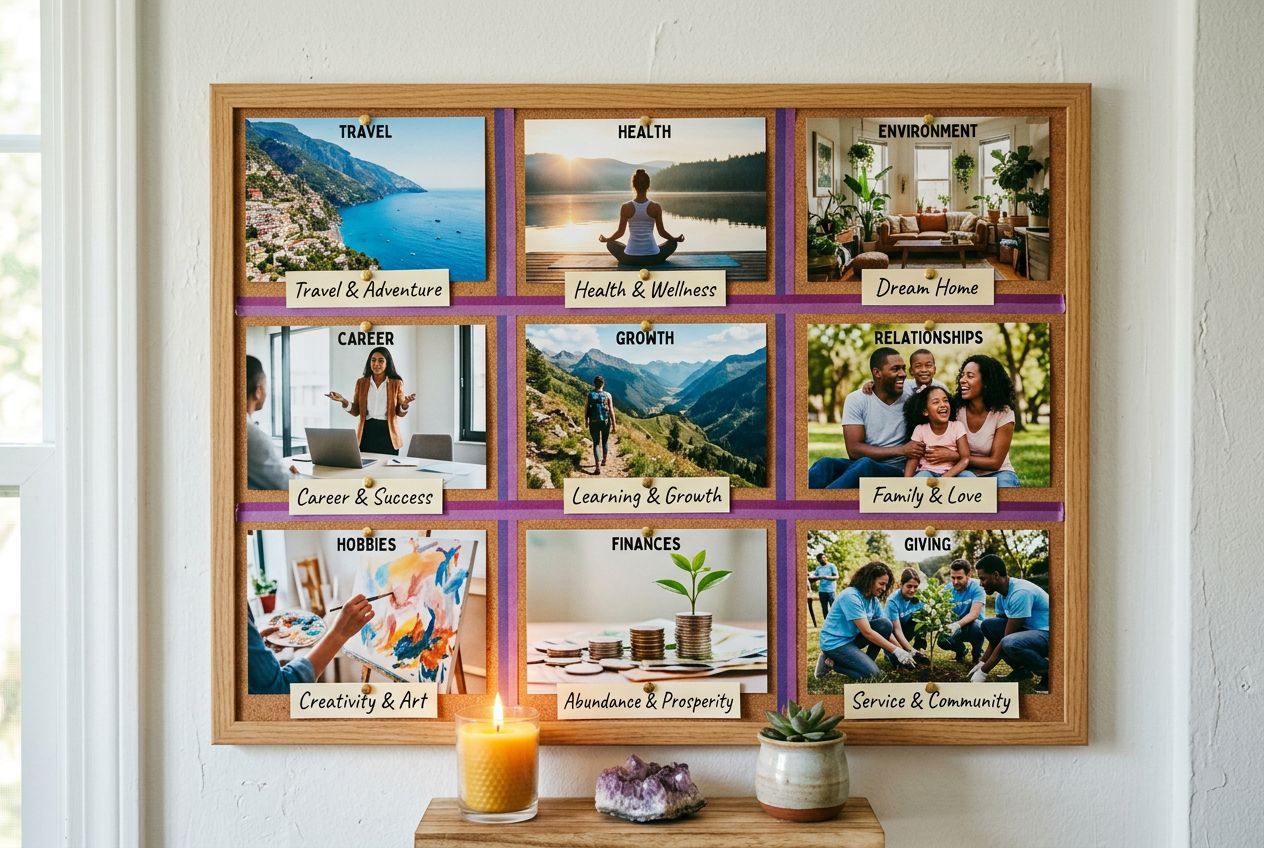 how to make a vision board â€” organized vision board with nine photos arranged in grid layout by life category