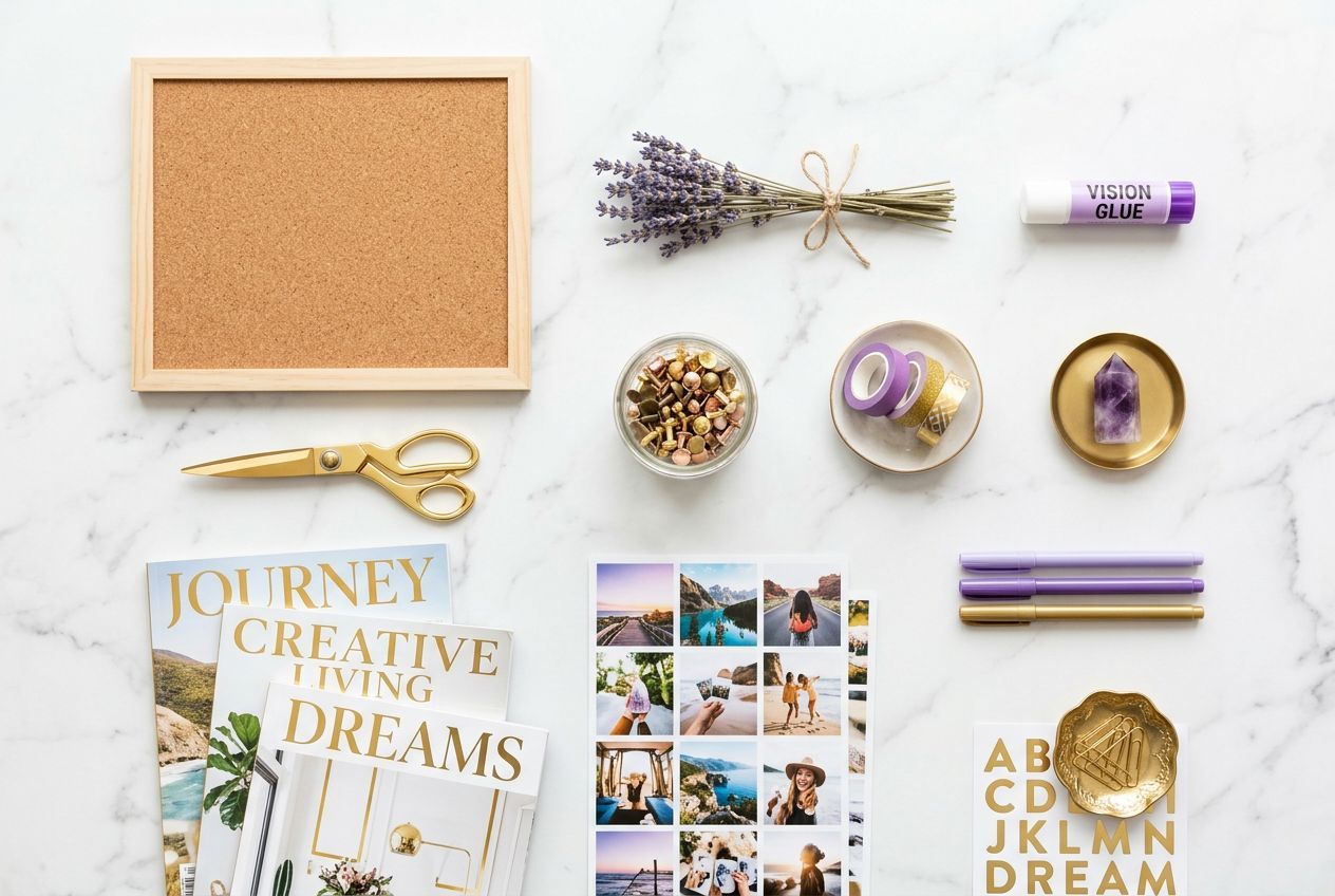 how to make a vision board â€” organized craft supplies including cork board scissors magazines washi tape crystals and markers