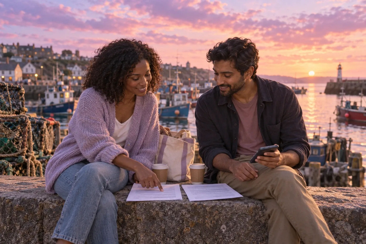 How to manifest a house: friends comparing mortgage loan estimates at a harbour at sunset