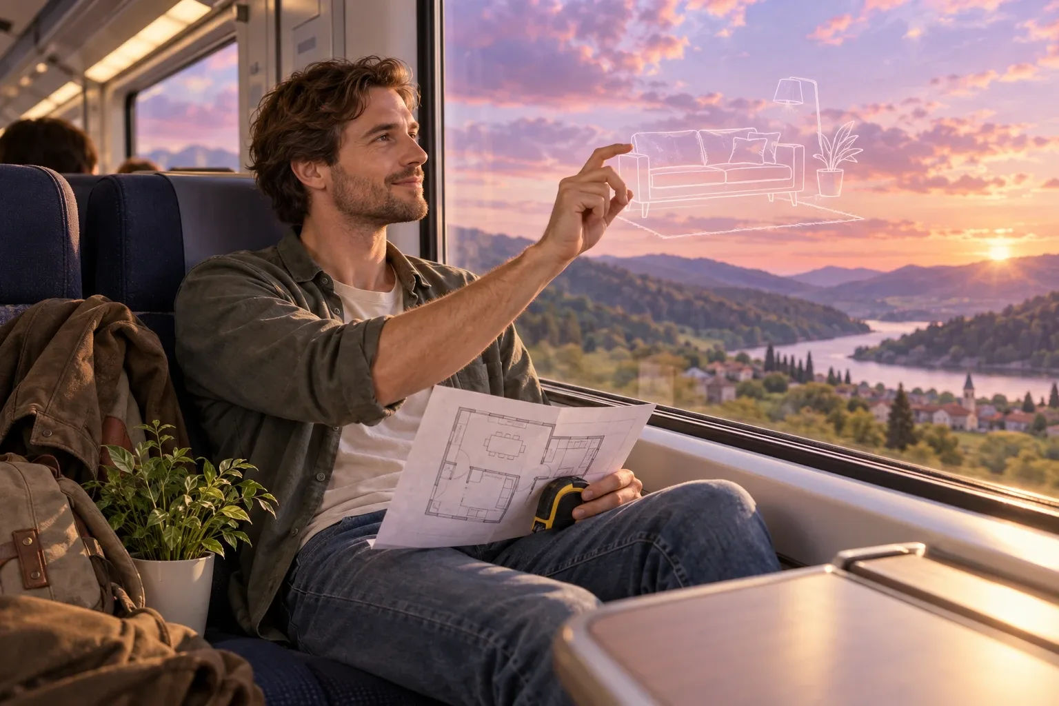 How to manifest a house: man planning a new apartment layout on a train through the hills
