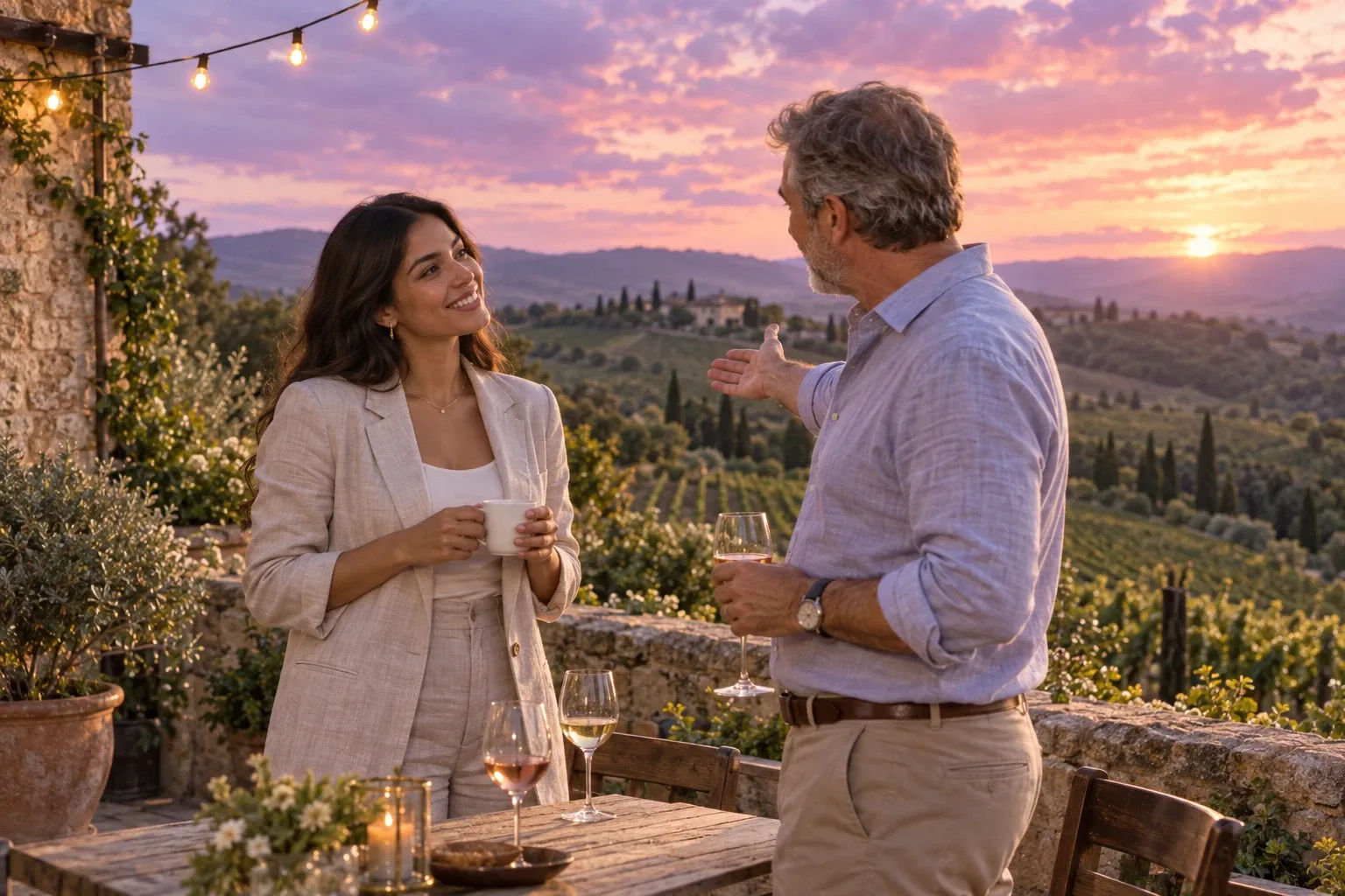 How to manifest a job through networking: a young woman chats with a mentor on a sunlit vineyard terrace