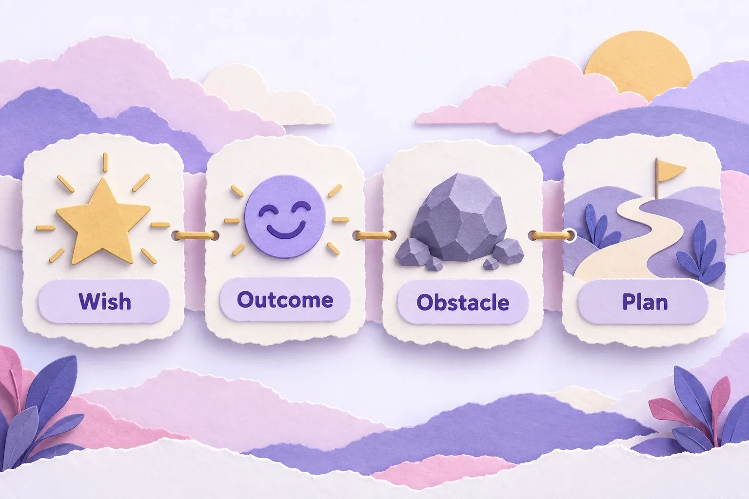 How to manifest a job with WOOP: four paper cards for wish, outcome, obstacle and plan