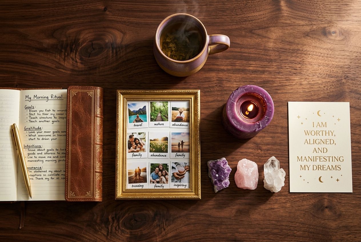 how to manifest — morning manifestation ritual setup with journal vision board candle crystals and affirmation card on dark wood