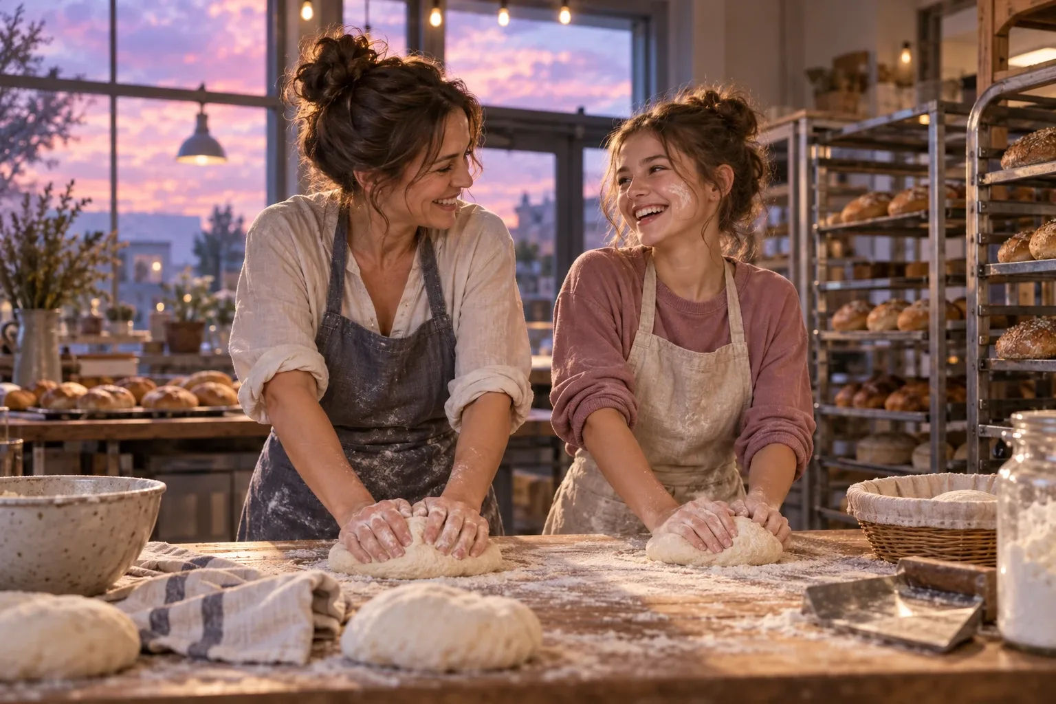 How to manifest love: a mother and teen daughter shape bread dough together in a bakery before opening
