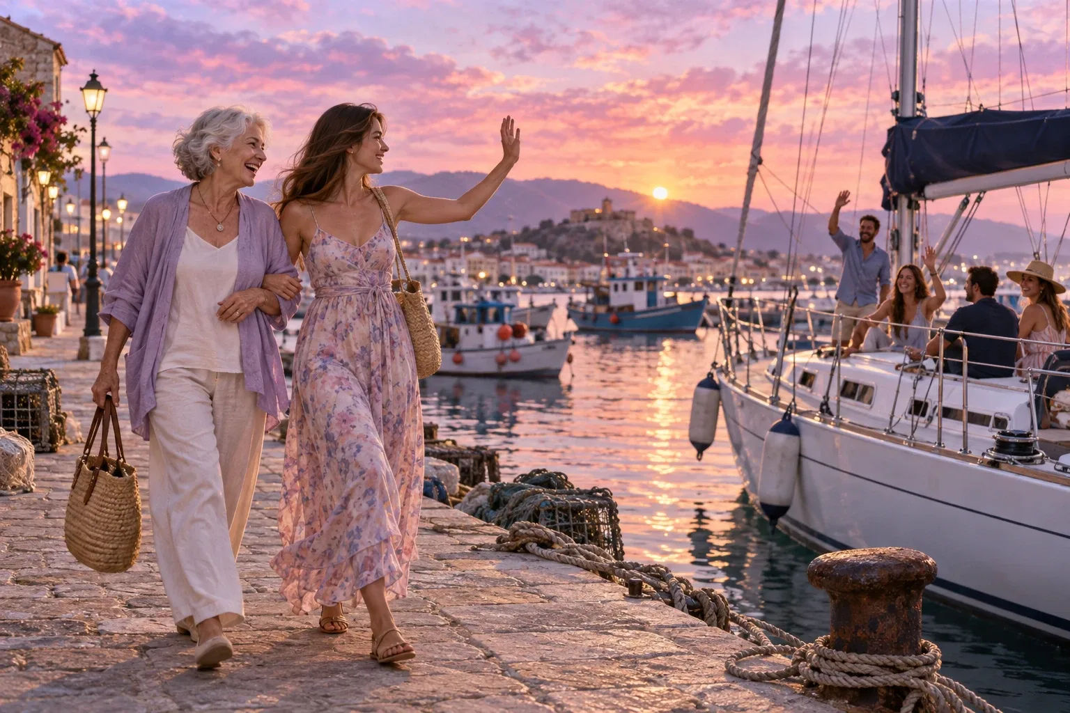 How to manifest love: a grandmother and granddaughter walk arm in arm at a harbour at sunset