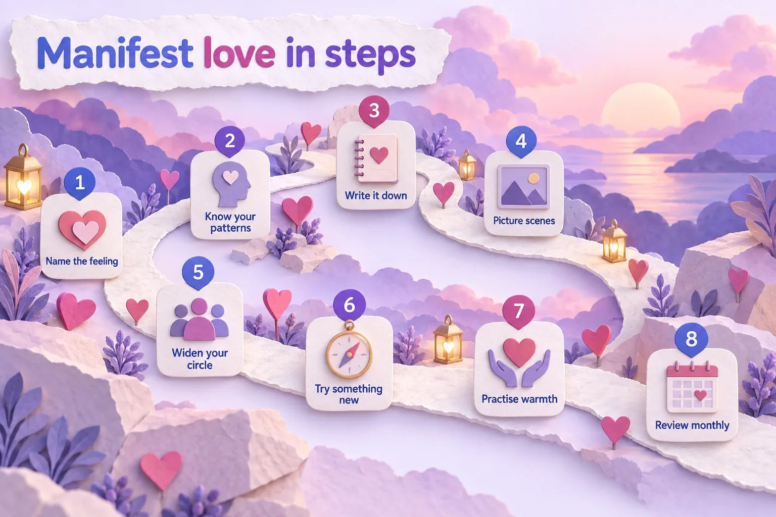 How to manifest love: paper-craft path with eight steps from Name the feeling to Review monthly