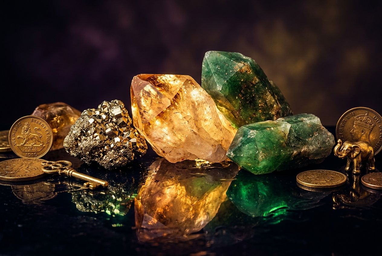how to manifest money — wealth crystals arranged with golden light and abundance symbols
