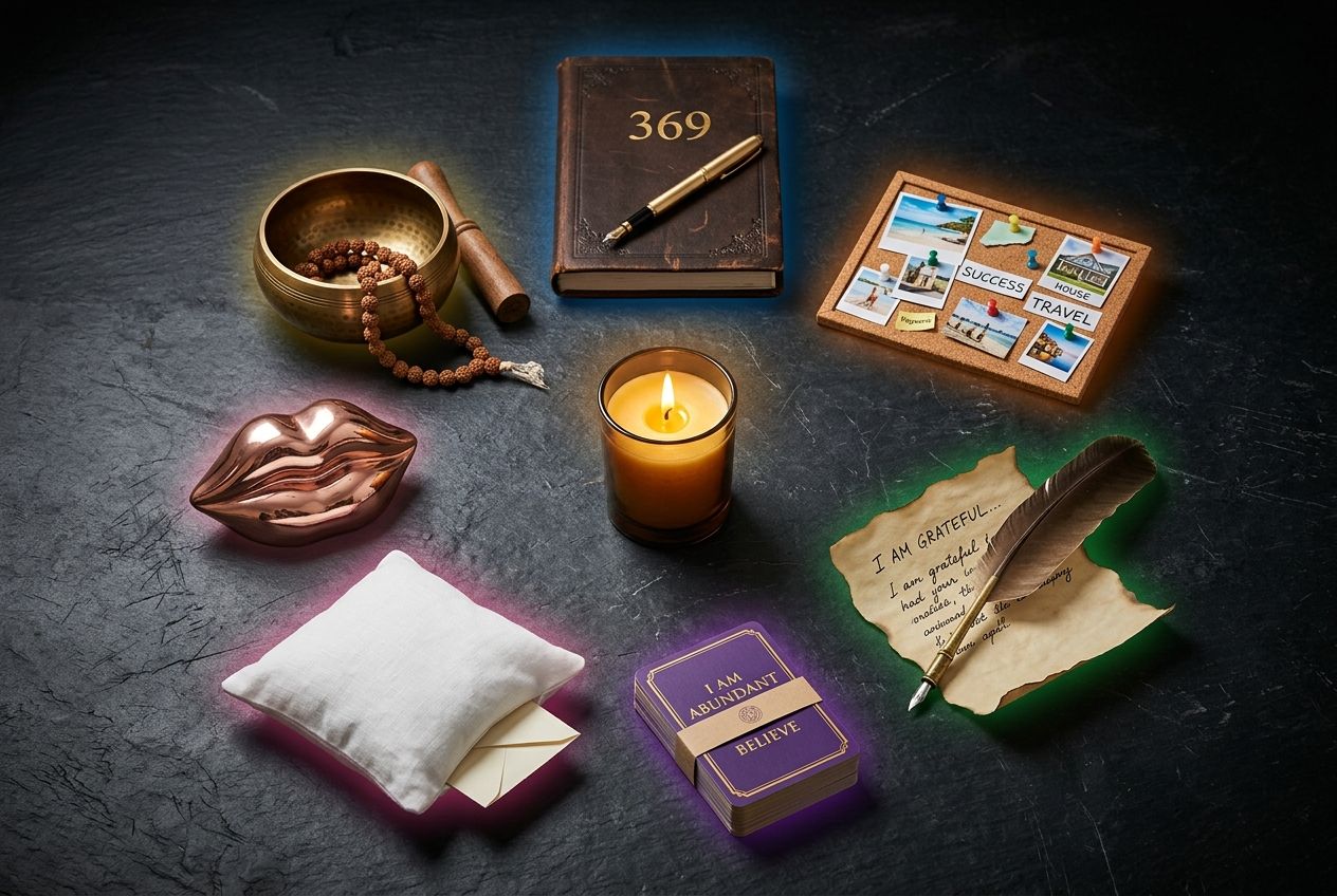 how to manifest — seven manifestation method symbols arranged in circle including journal crystal ball pen candle moon cards and singing bowl