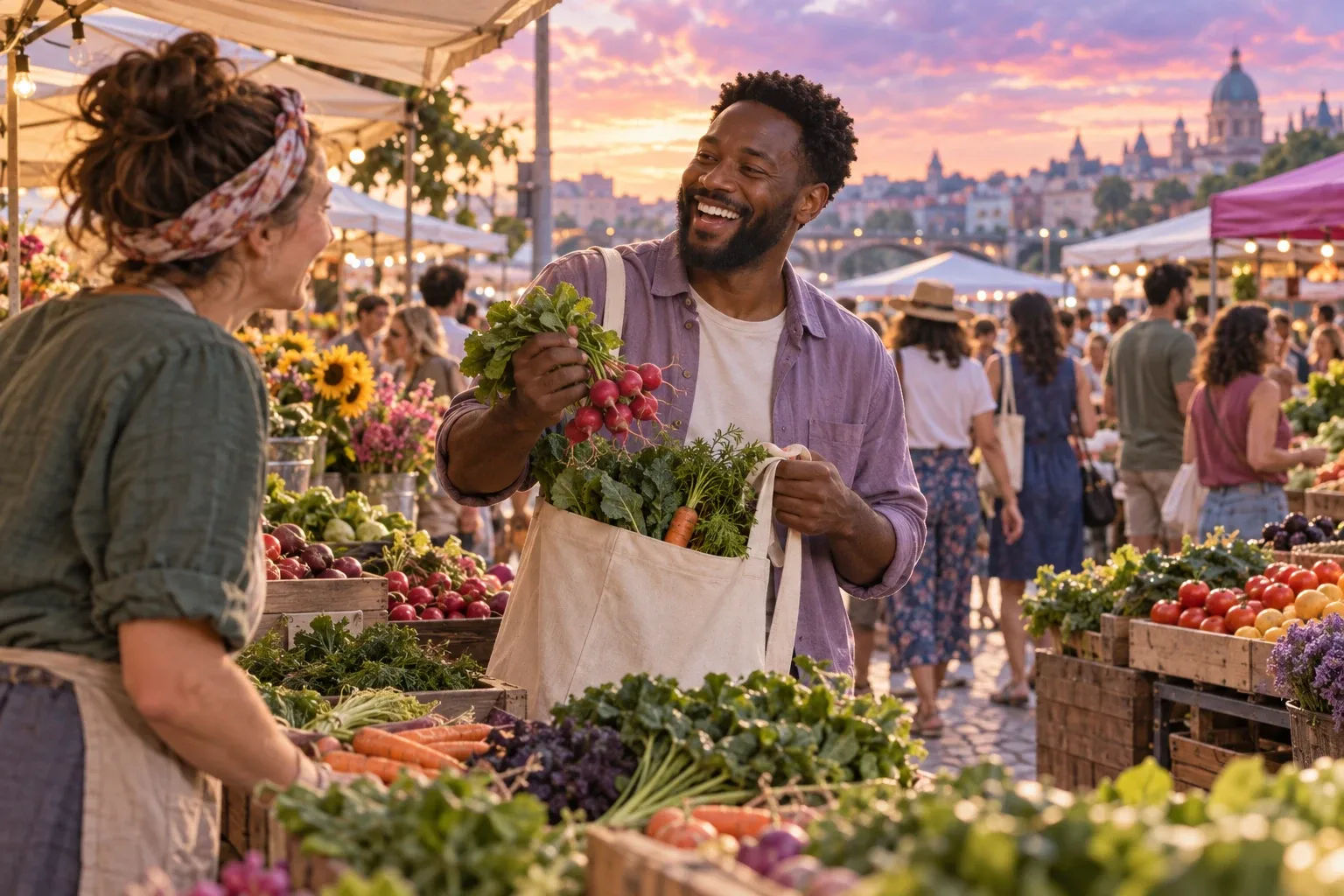 How to manifest weight loss: a man laughs with a vendor while filling a tote with vegetables at a market