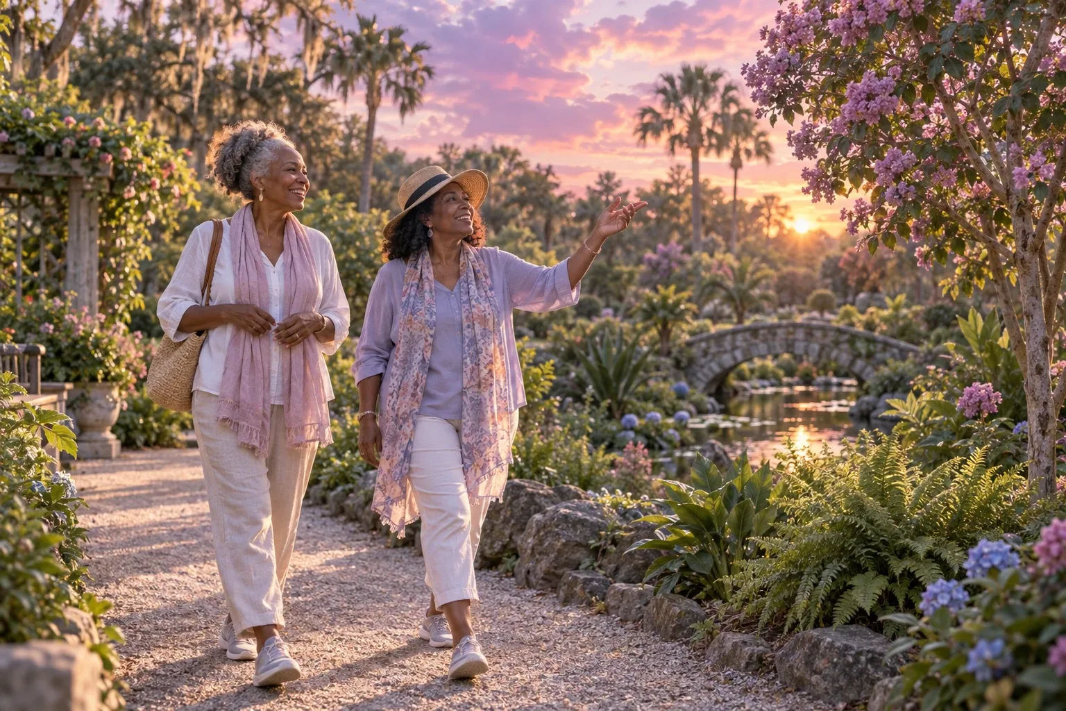 How to manifest weight loss: two friends walk and laugh along a shaded botanical garden path