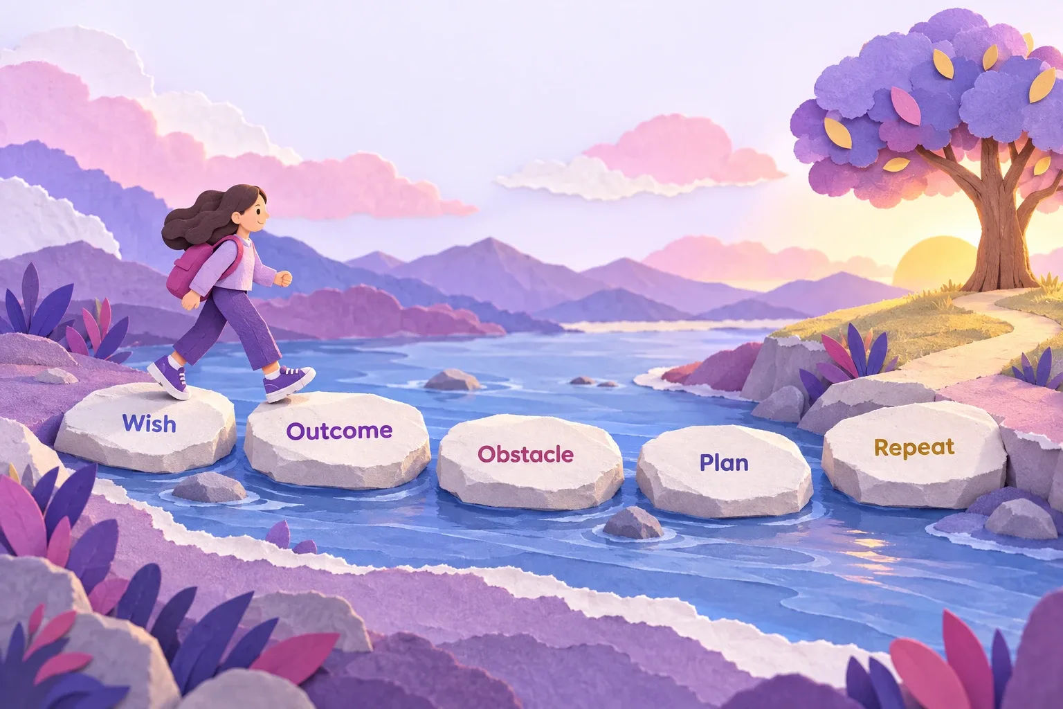 How to manifest weight loss: paper-craft stepping stones showing the five WOOP steps from Wish to Repeat