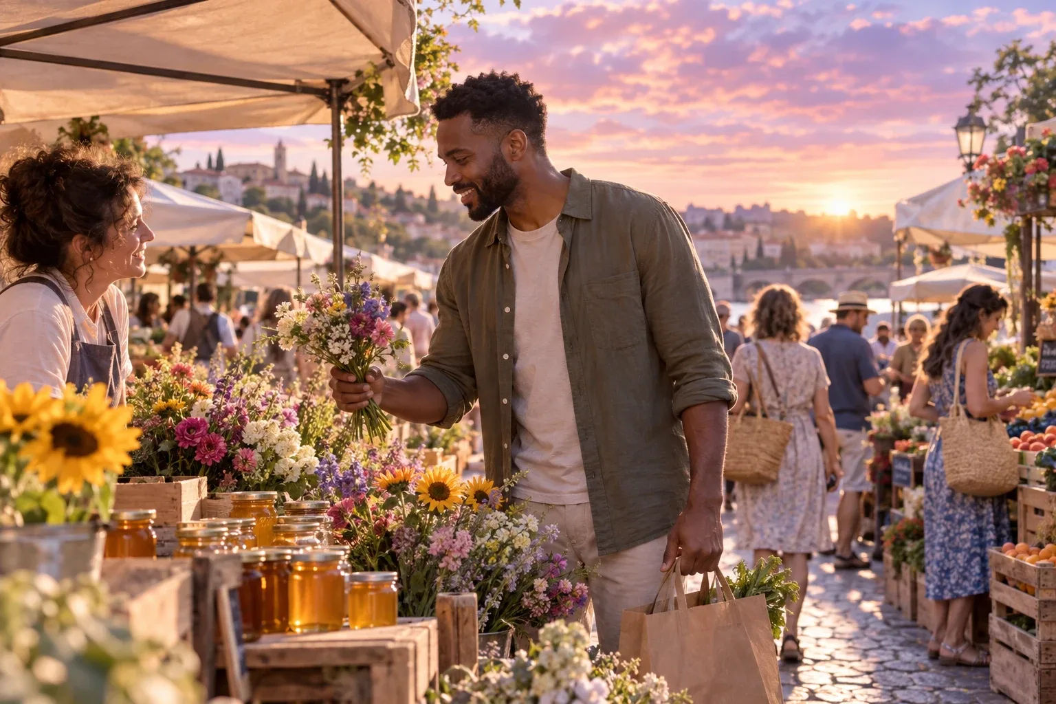 Last minute digital gifts: a man picking flowers at a farmers market while choosing a gift for someone