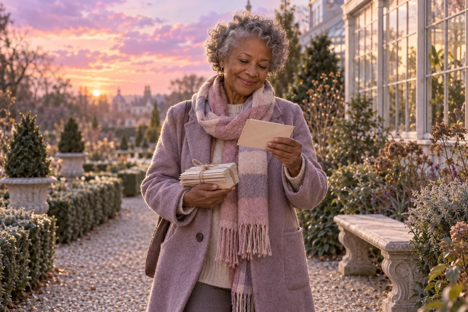 Last minute digital gifts for 2027: a woman in a garden holding a bundle of small envelopes to open through the year