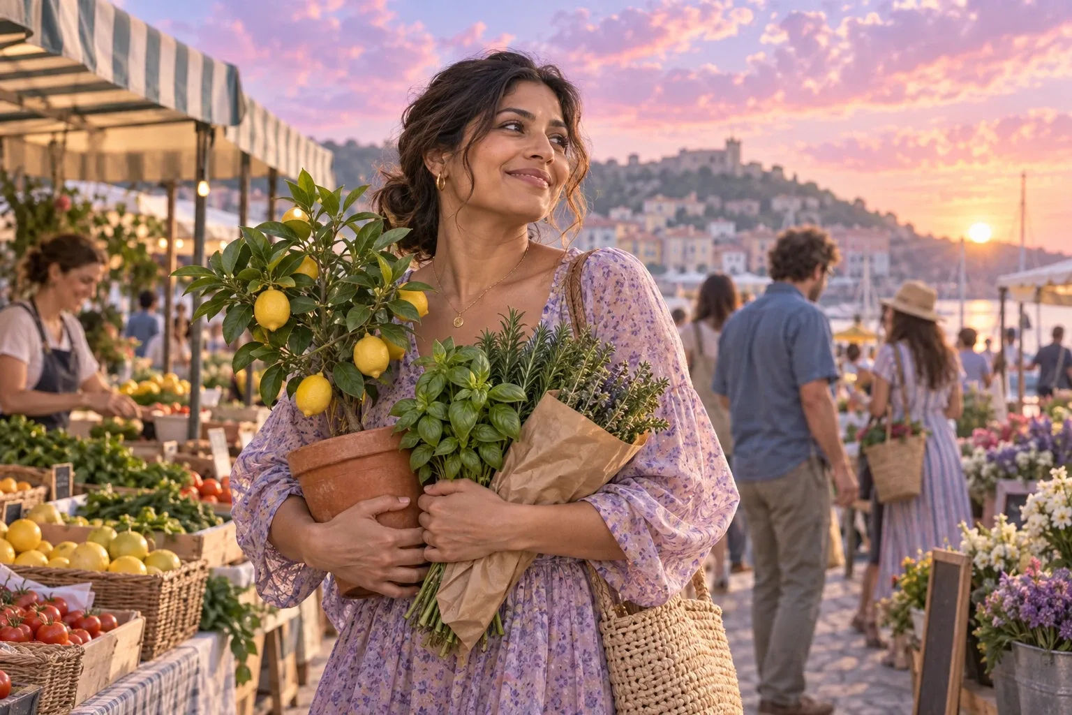 Law of assumption: a woman chooses a potted lemon tree and herbs at a farmers market