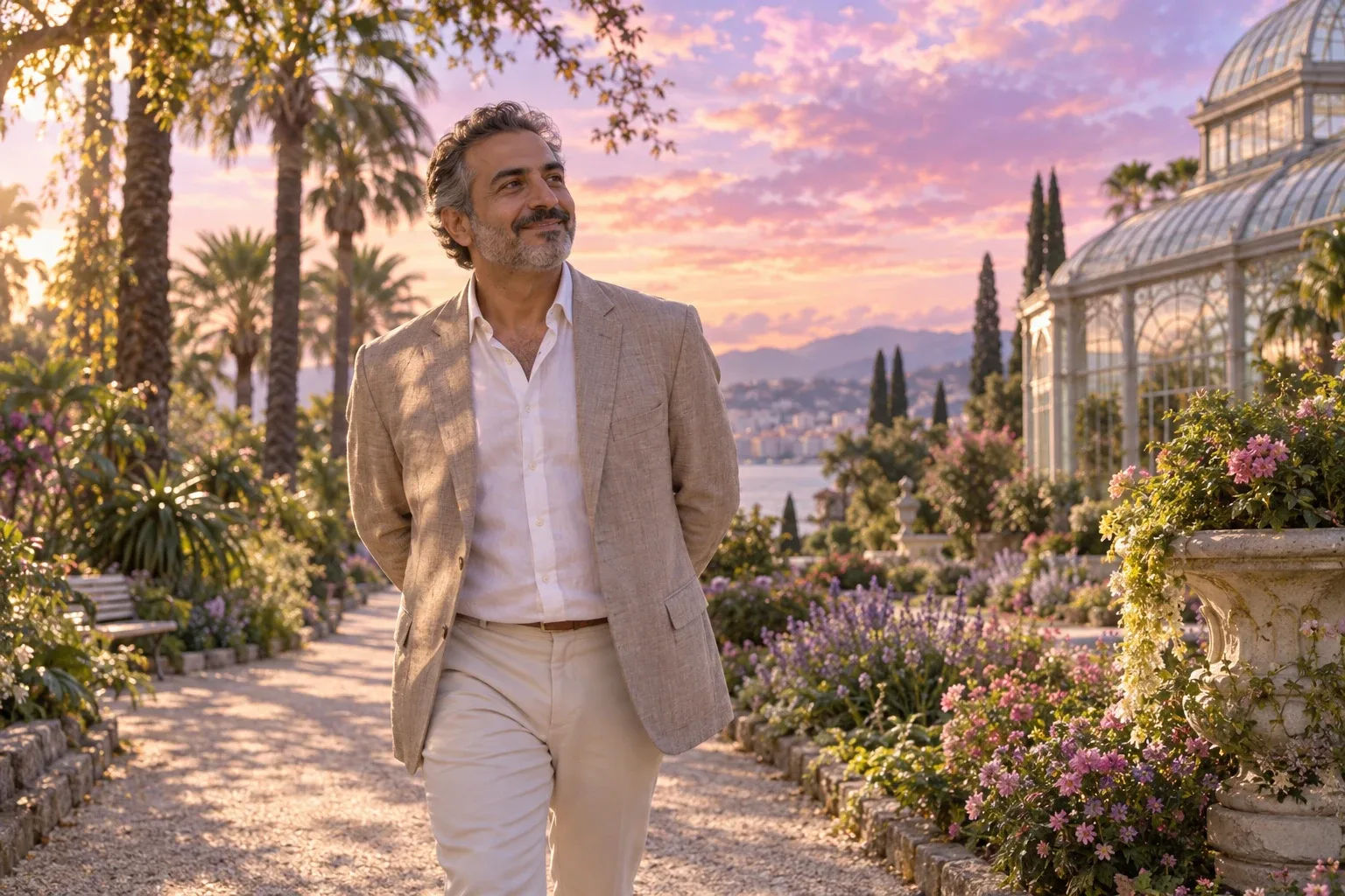 Law of assumption: a man strides down a sunlit botanical garden path smiling to himself
