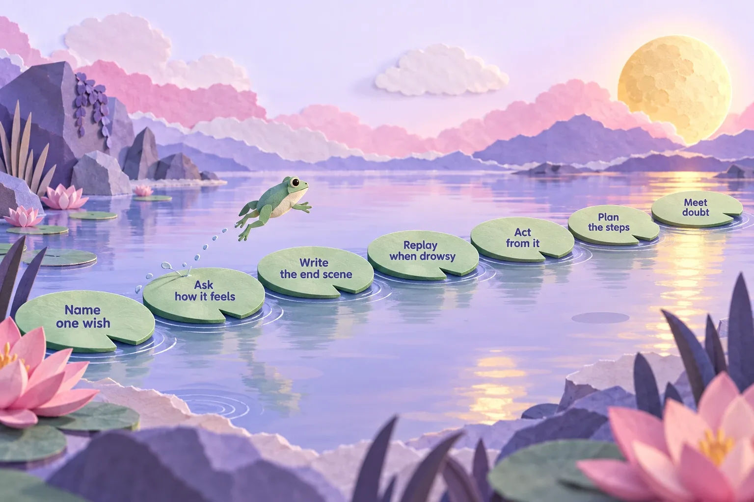 Law of assumption: paper-craft lily pads showing seven steps from Name one wish to Meet doubt