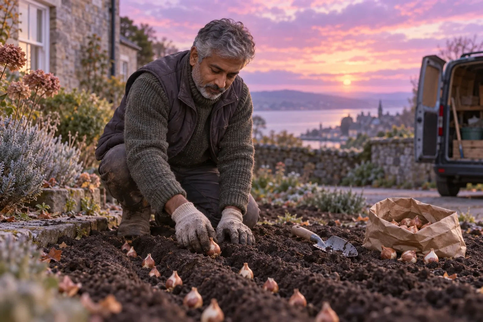 Letter from your future self example: a garden designer planting tulip bulbs in a client's yard in December