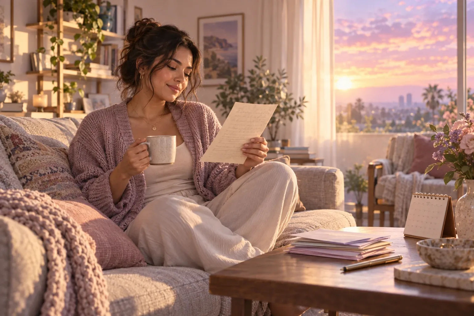 Letter from your future self reread weekly by a woman on a sofa with morning coffee and a stack of letters