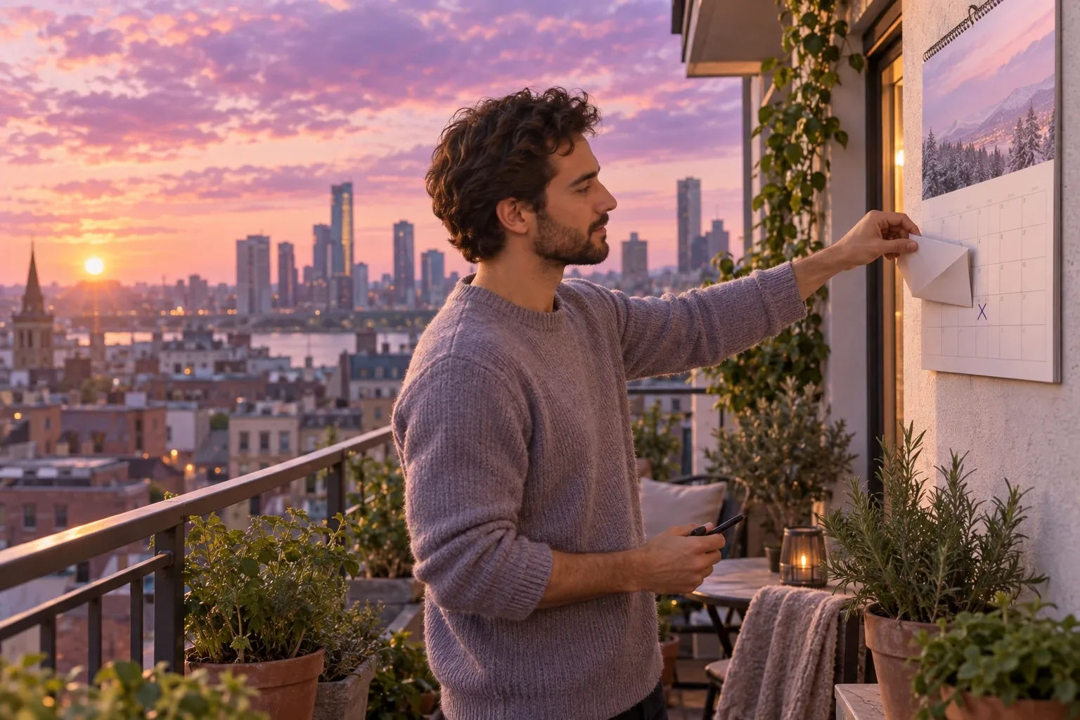 Letter to future self open date: a man tucks a sealed envelope into a wall calendar on a city balcony