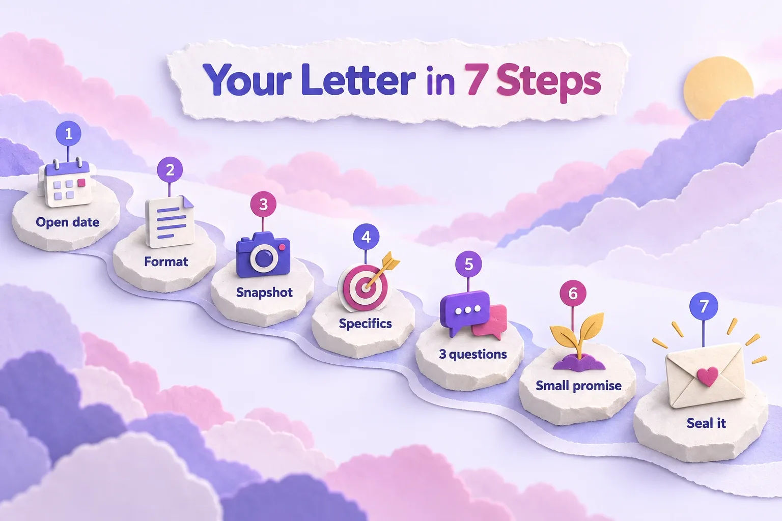 Letter to future self template: paper-craft path of seven steps from open date to seal it