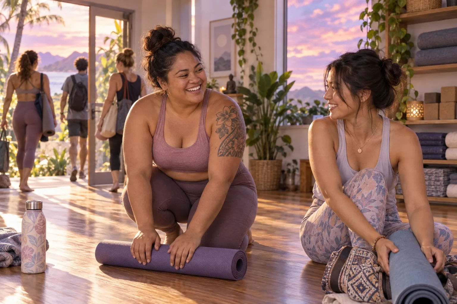 Life path number: a woman rolls up her yoga mat and chats with a friend in a bright studio