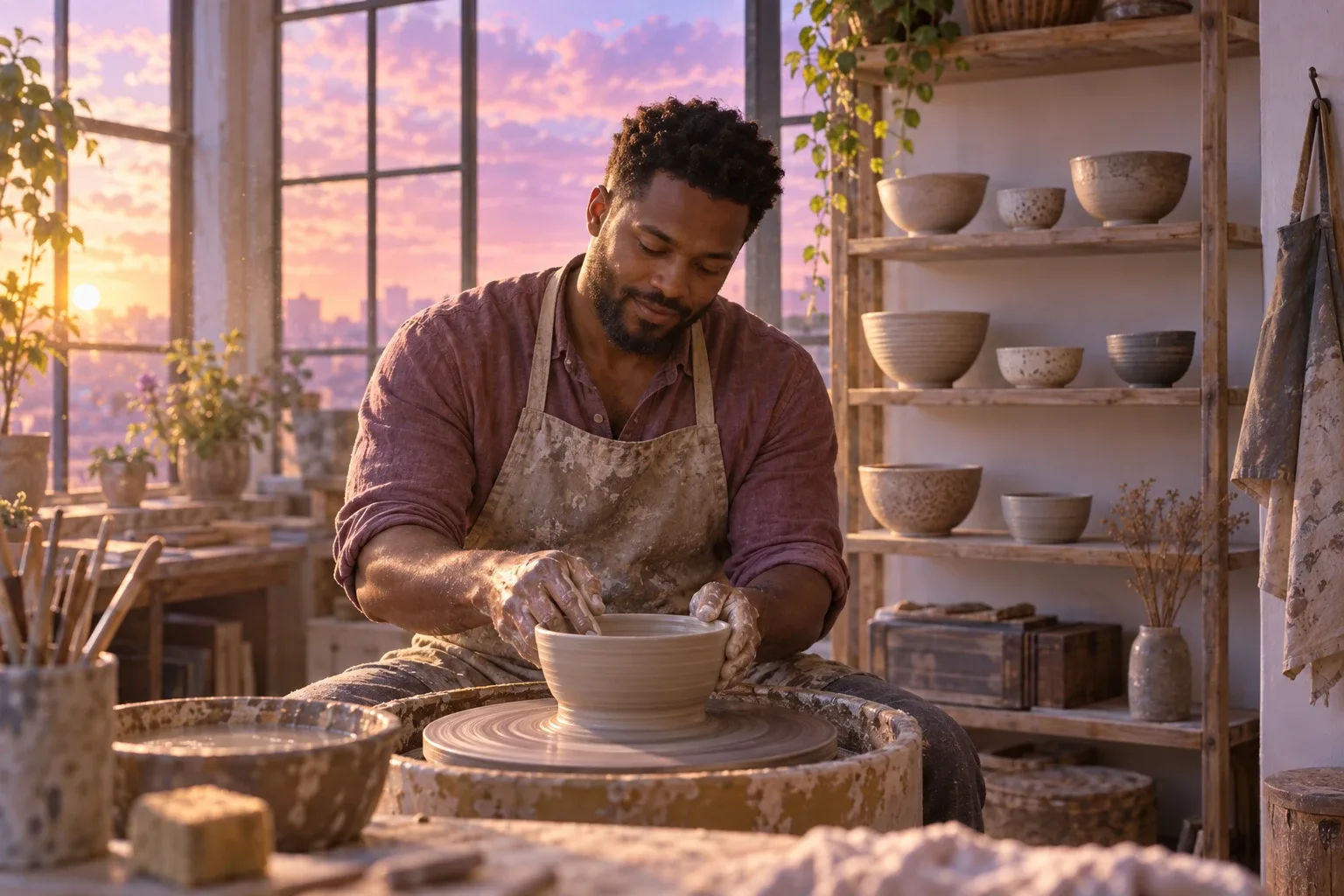 Life path number: a man shapes a clay bowl on a wheel with nine different bowls drying behind him
