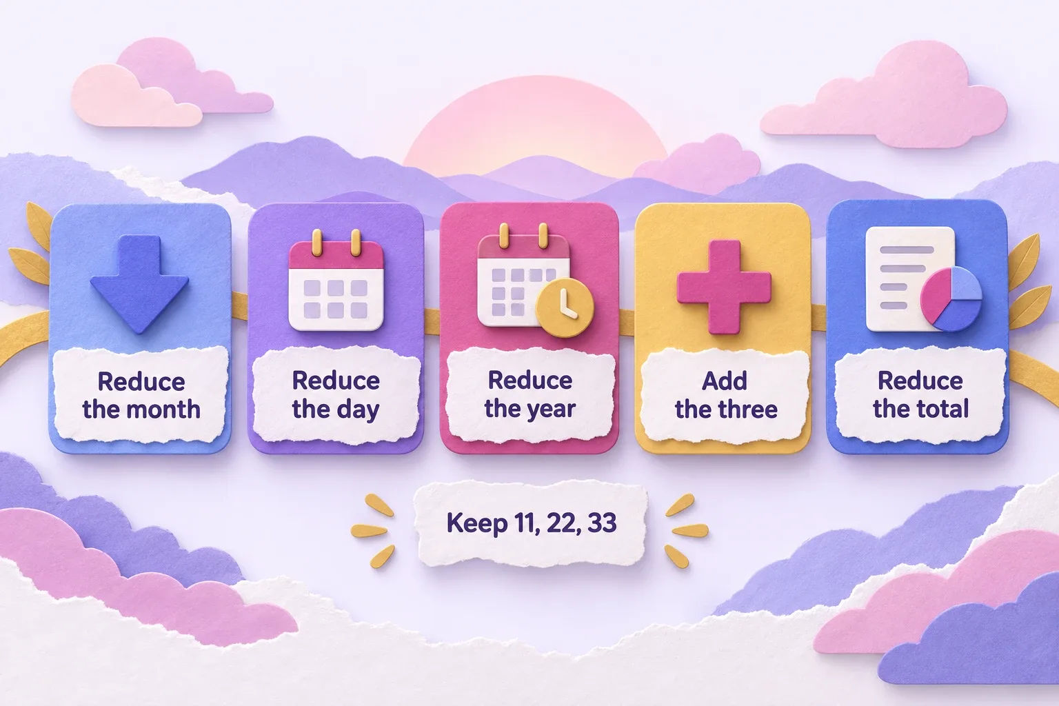 Life path number: paper-craft tiles showing five calculation steps and the master numbers to keep