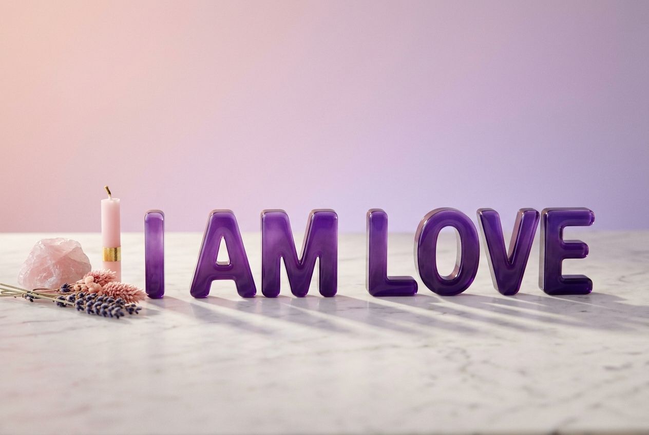 love affirmations — powerful affirmation text with spiritual objects and warm lighting