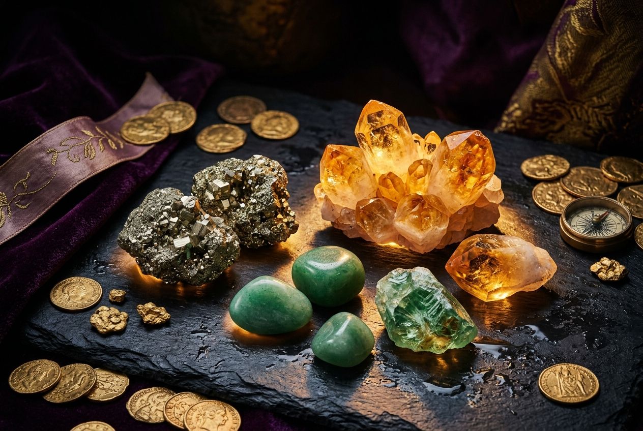 manifestation examples — wealth and abundance crystals with golden illumination