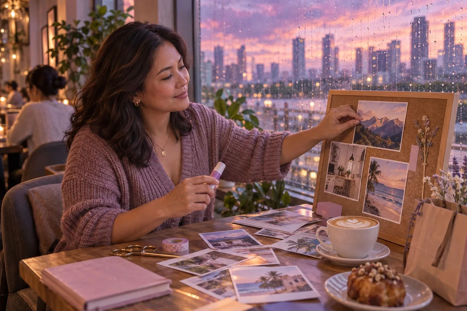 Vision board gift ideas: a woman assembles a small corkboard with printed photos at a cafe window seat