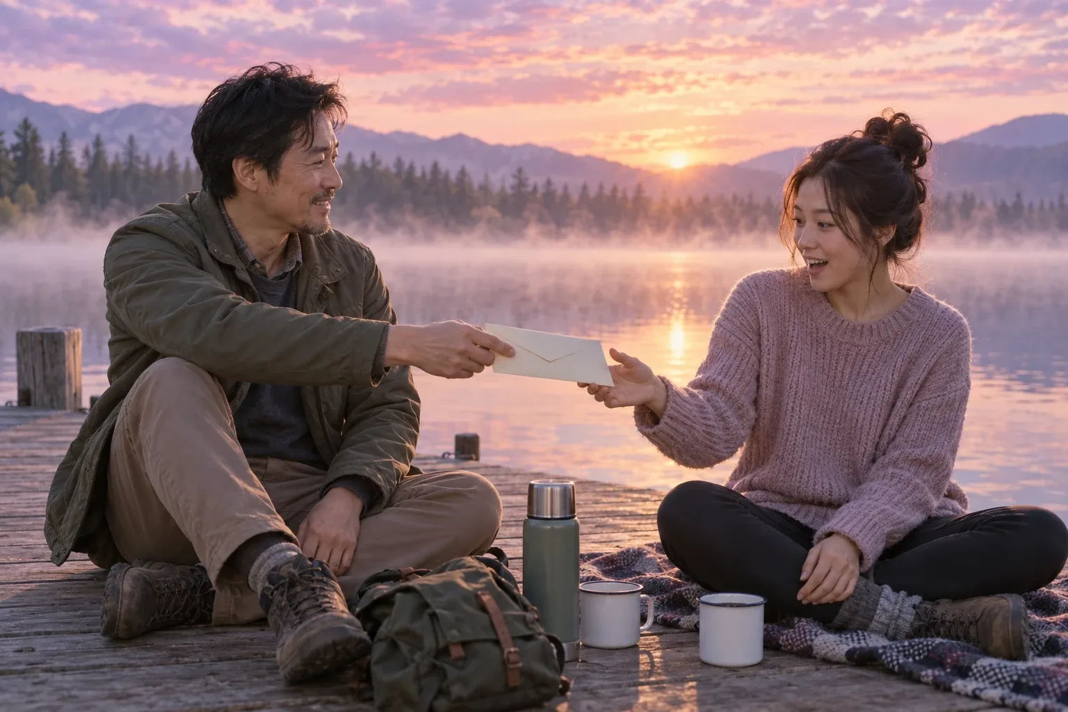 Manifestation gifts as experiences: a man hands a sealed envelope to a friend on a misty lakeside dock