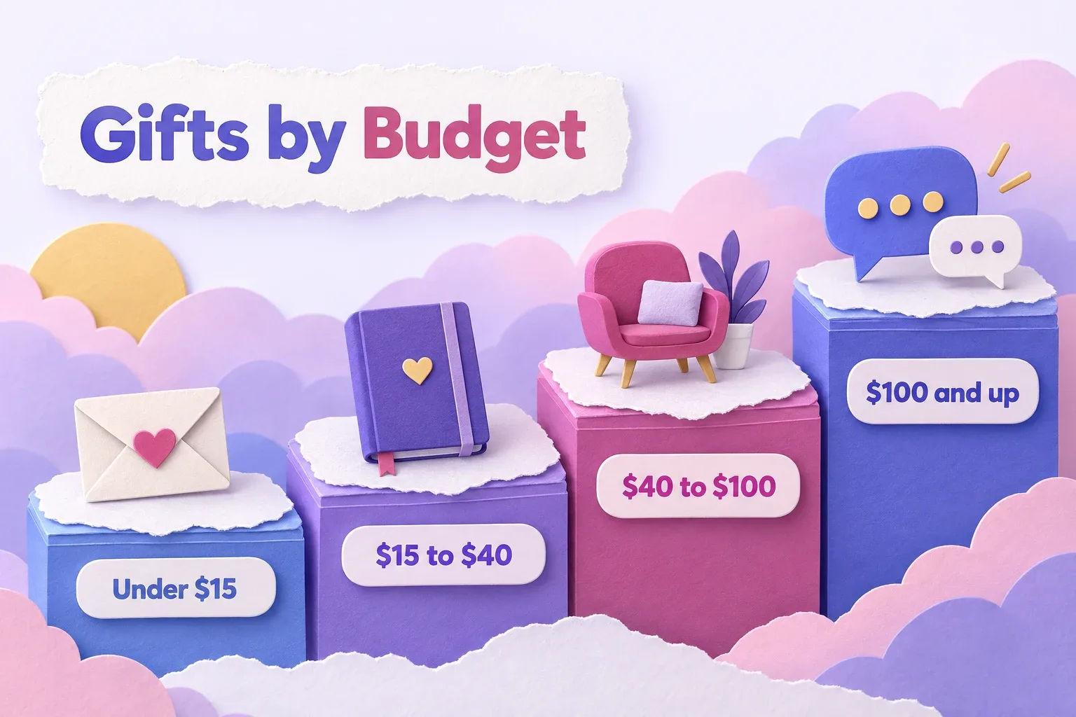 Manifestation gifts by budget: four paper steps from under $15 up to $100 and over, each with a small icon