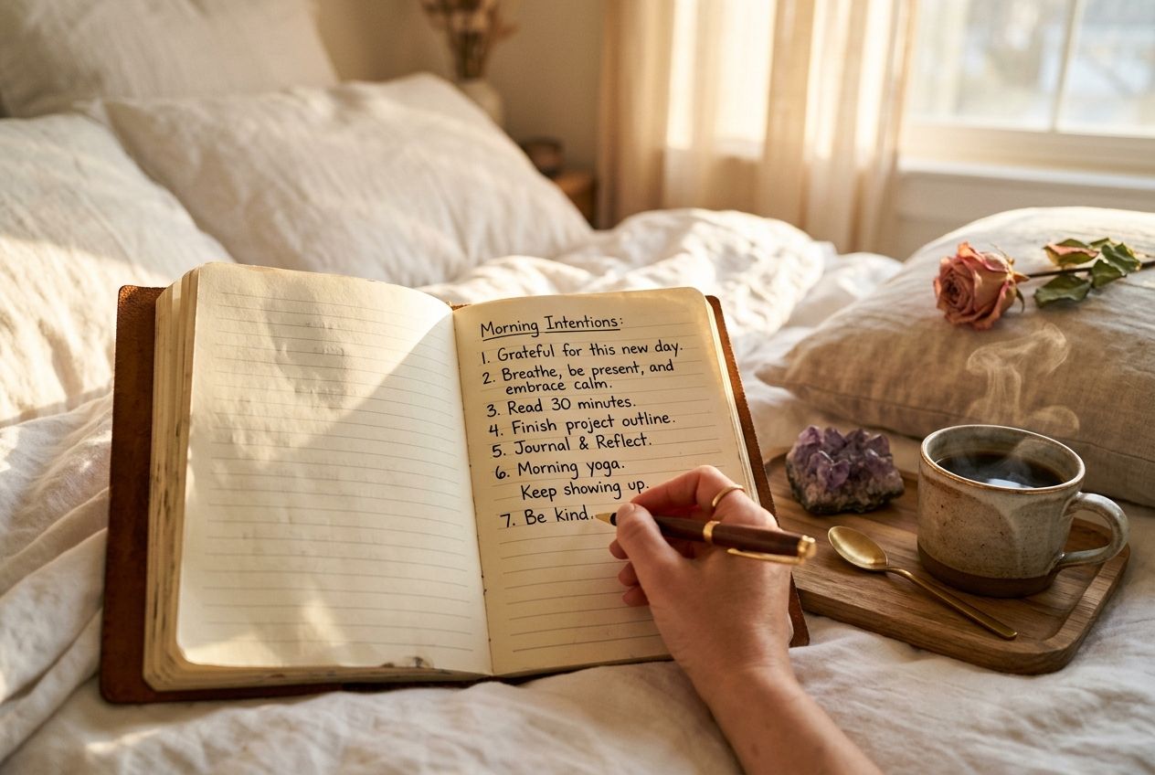 manifestation journal â€” morning journaling scene with open journal coffee and sunrise light streaming through window