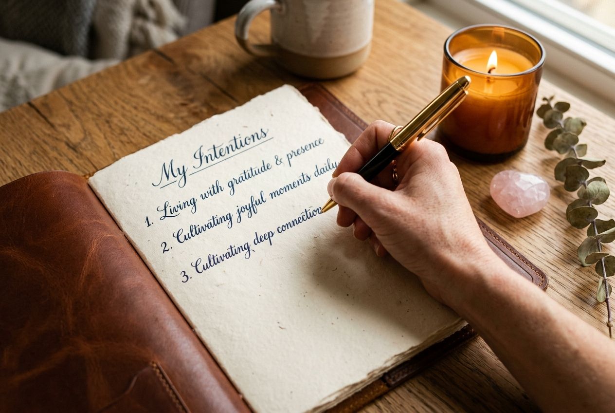 manifestation journal â€” hand writing intentions on page one of new journal with crystals candle and pen nearby
