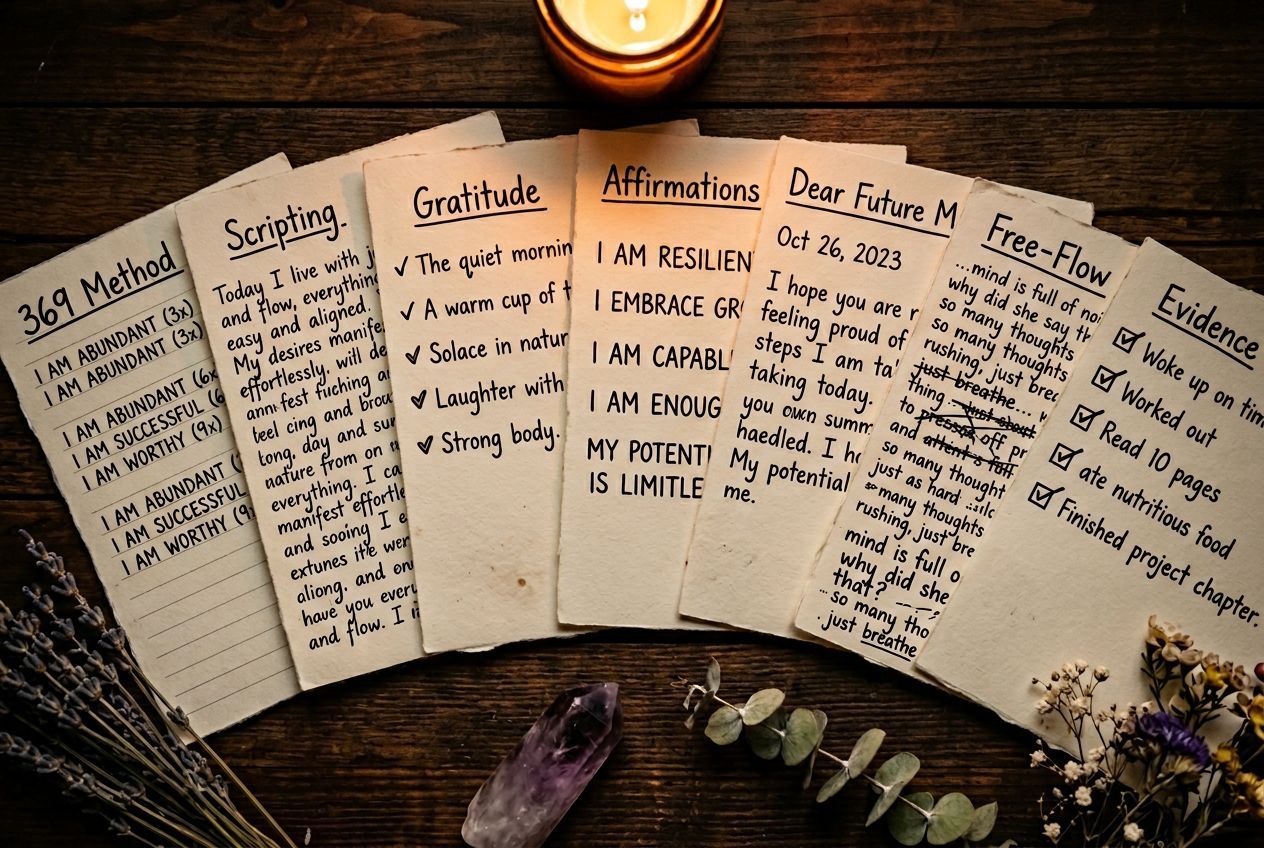 manifestation journal â€” seven different journal pages fanned out showing different journaling methods with crystals and candle