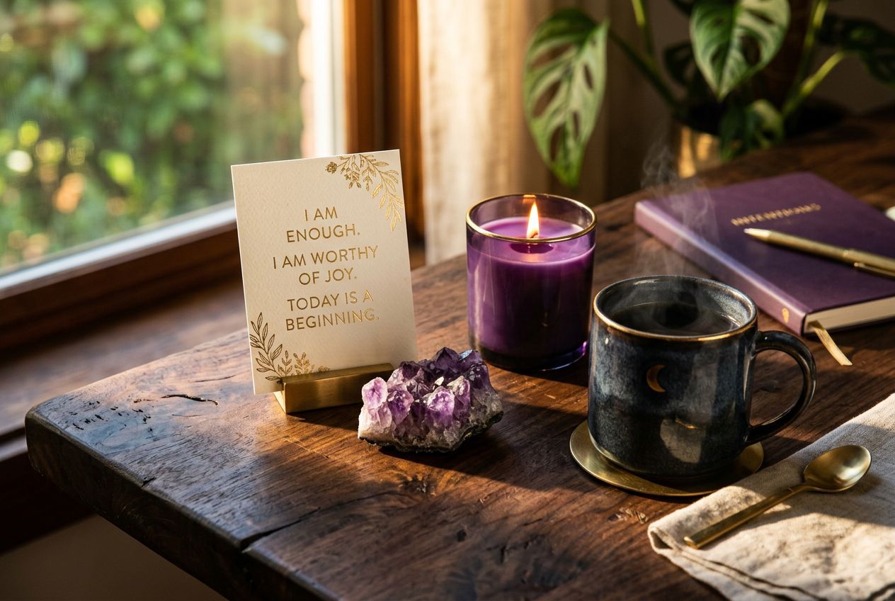 manifestation quotes — morning manifestation setup with affirmation card and crystals