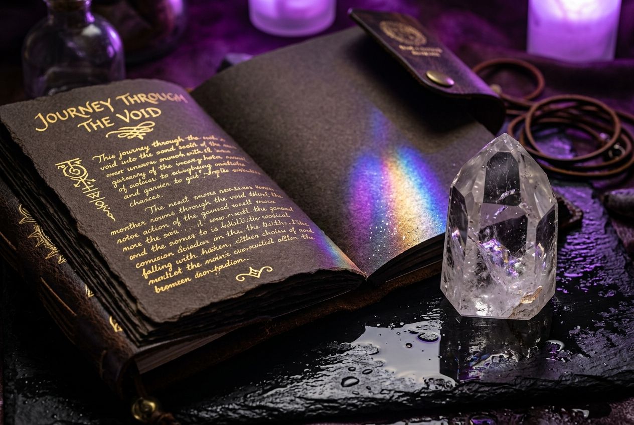 manifestation quotes — leather journal with gold text beside crystal on dark slate