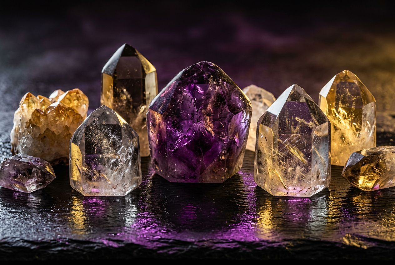 manifestation synonym — crystal objects with warm golden light illustrating the law of attraction