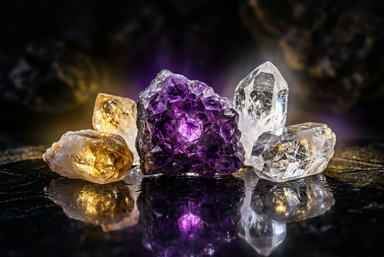 manifestation synonym — celestial crystals and gemstones with ethereal light
