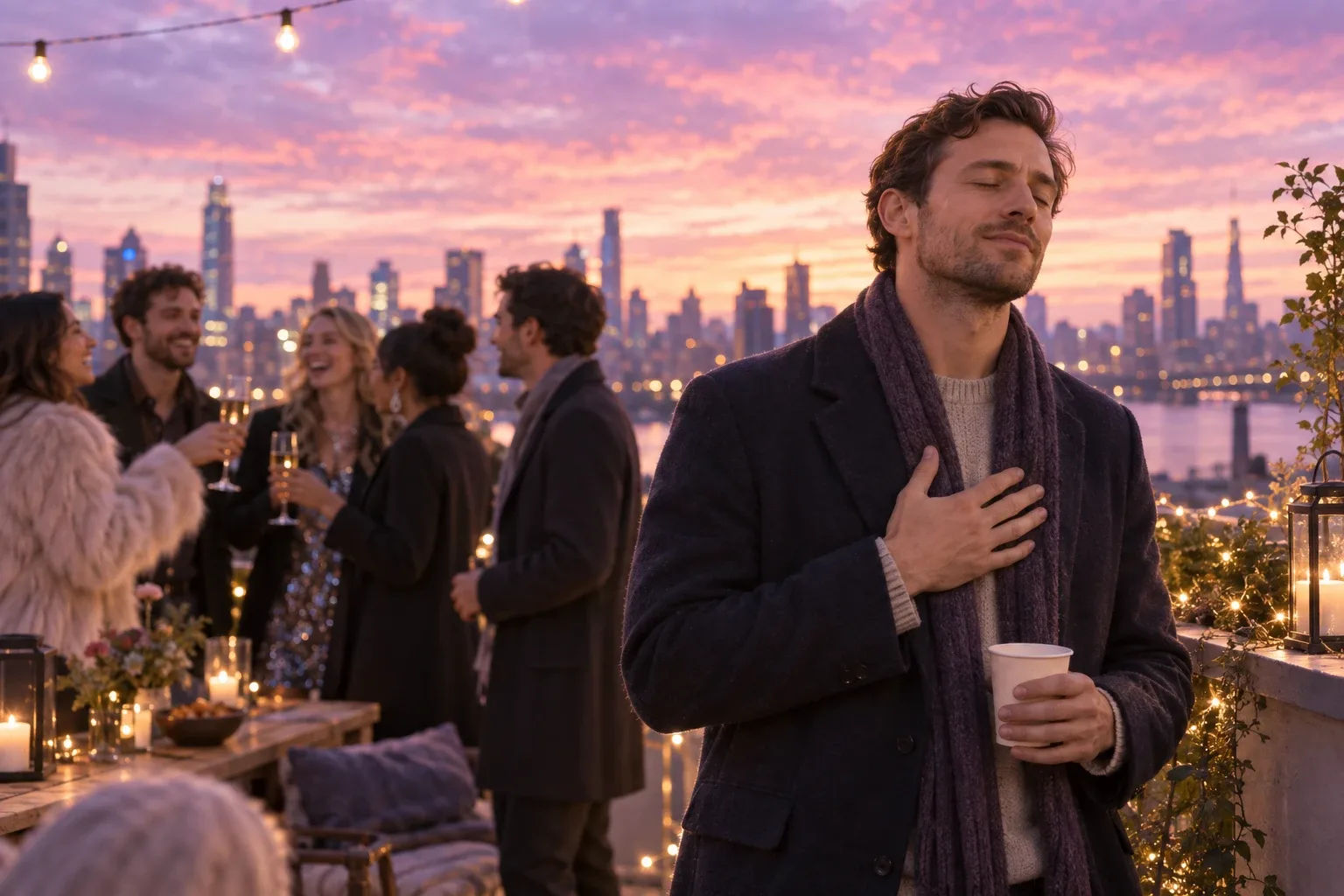 Money affirmations spoken quietly by a man in a quiet corner of a New Year's Eve rooftop party