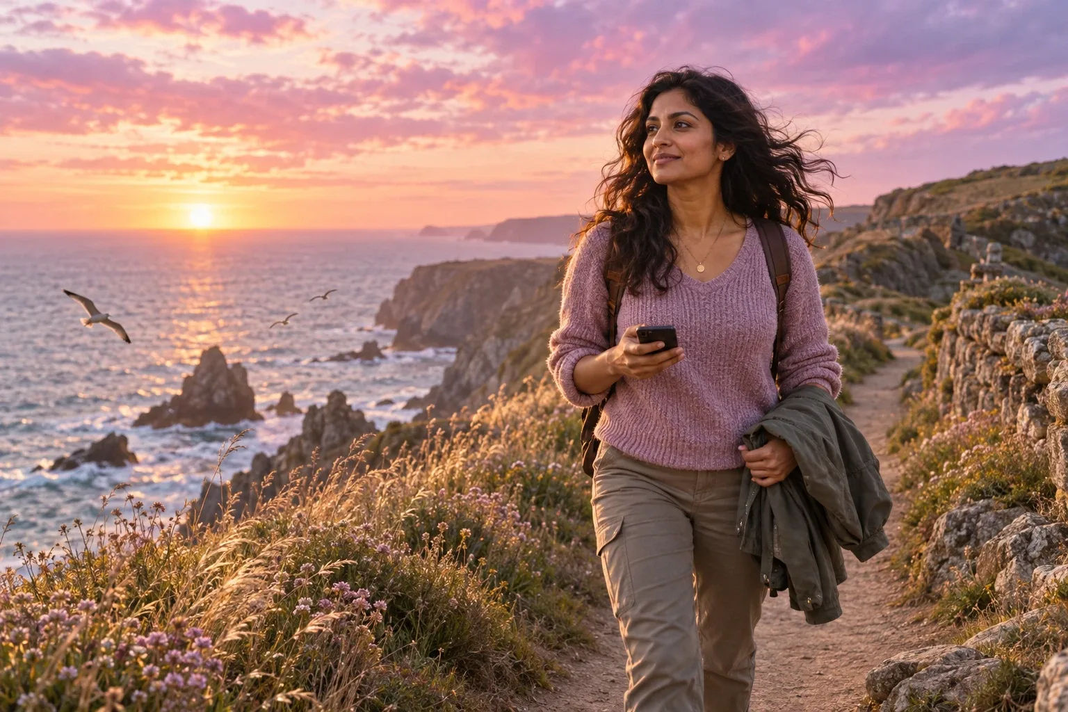 Money affirmations turned into action by a woman planning her next step on a coastal cliff path