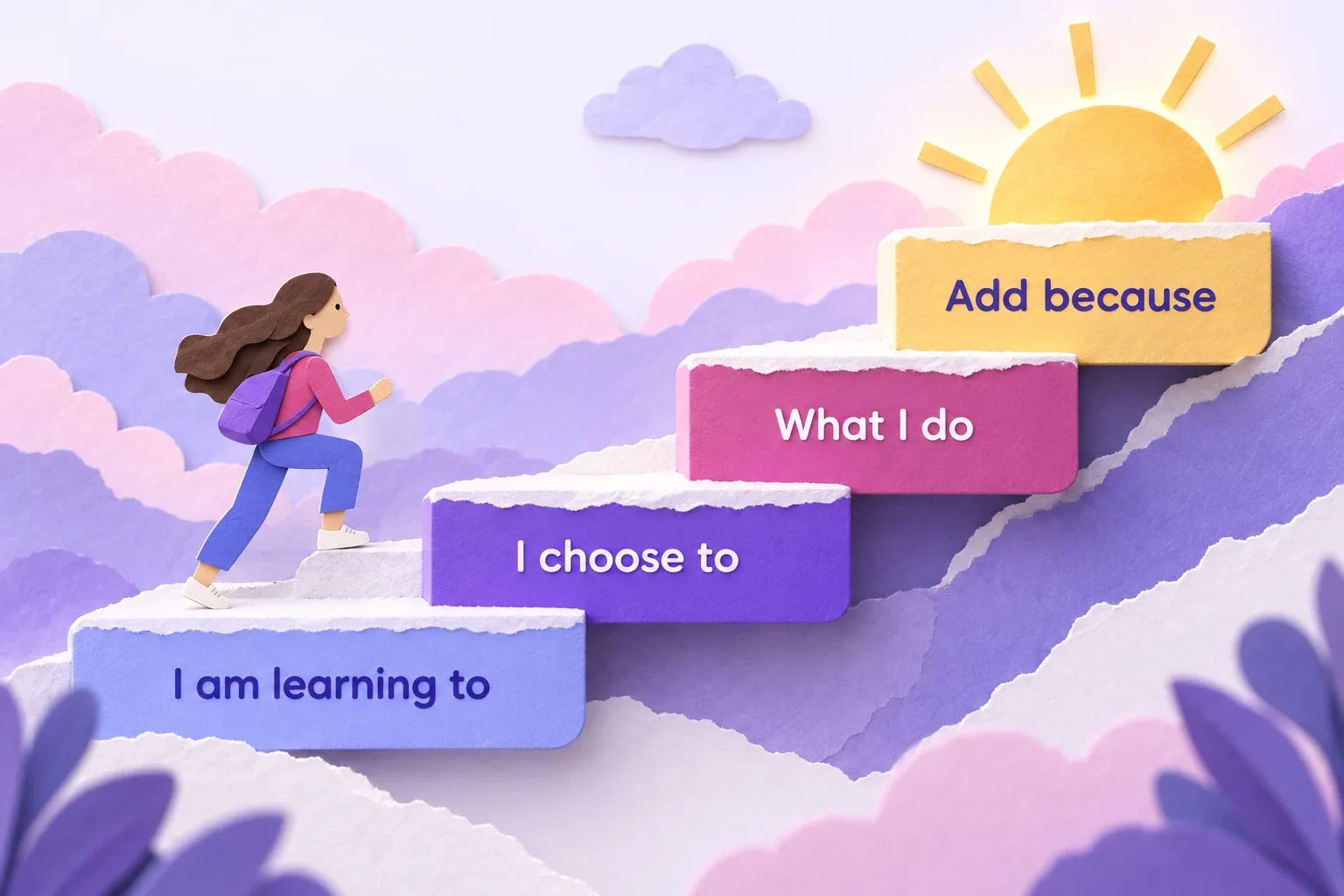Money affirmations made believable in four steps, shown as a paper-craft staircase infographic
