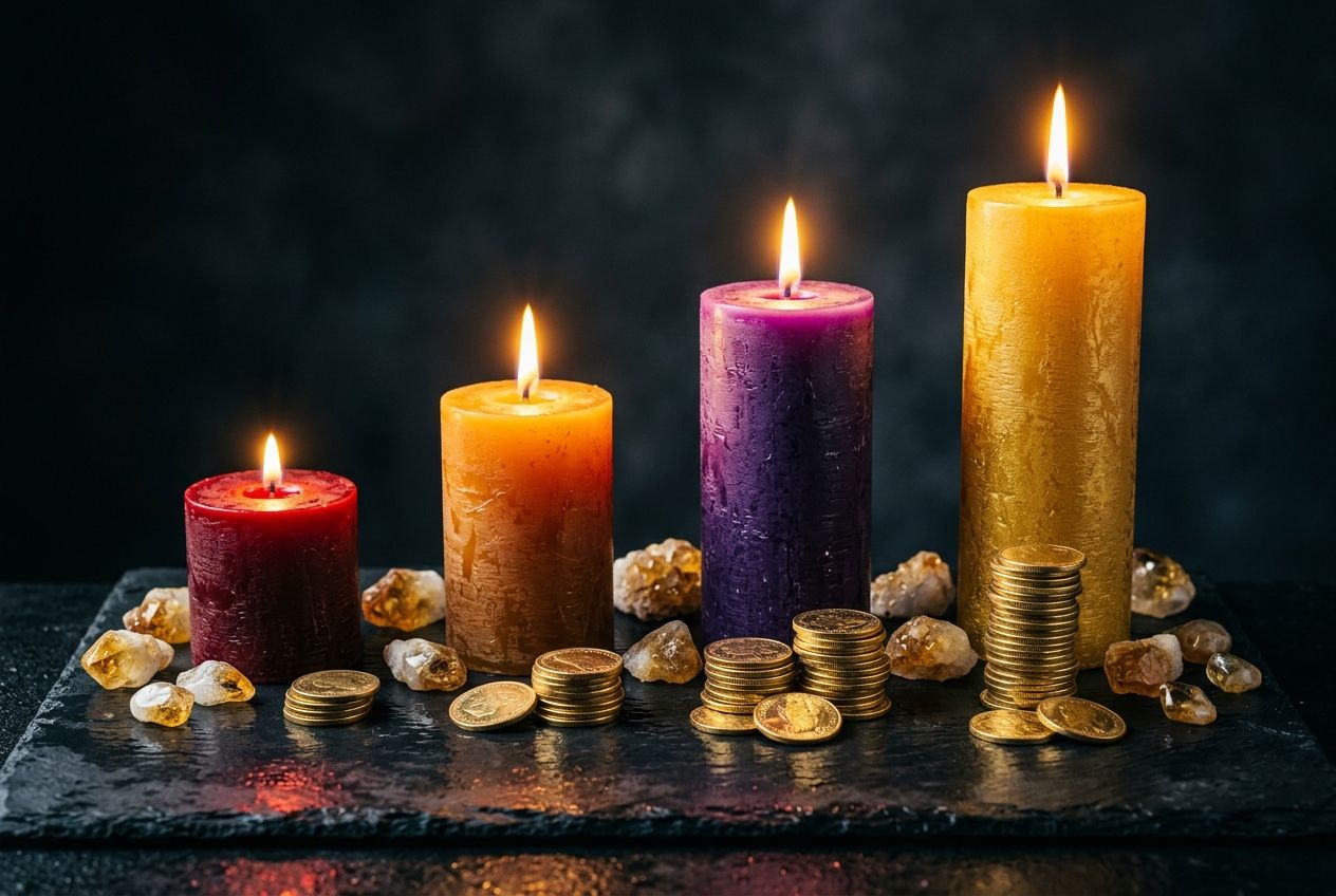 money manifestation â€” four candles in ascending height representing four weeks of abundance practice on dark surface with gold accents