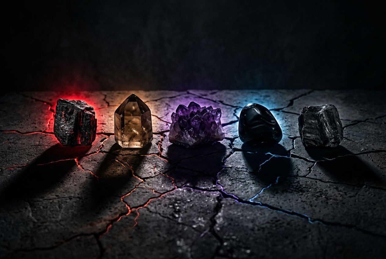 money manifestation â€” five dark crystals representing money blocks arranged on cracked dark surface with red and purple light