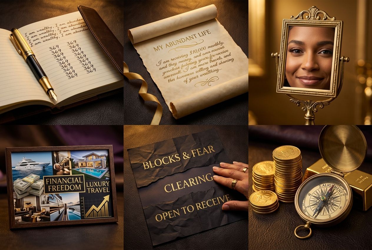 money manifestation â€” six abundance tools including gold pen journal citrine vision board and brass bowl arranged on dark surface