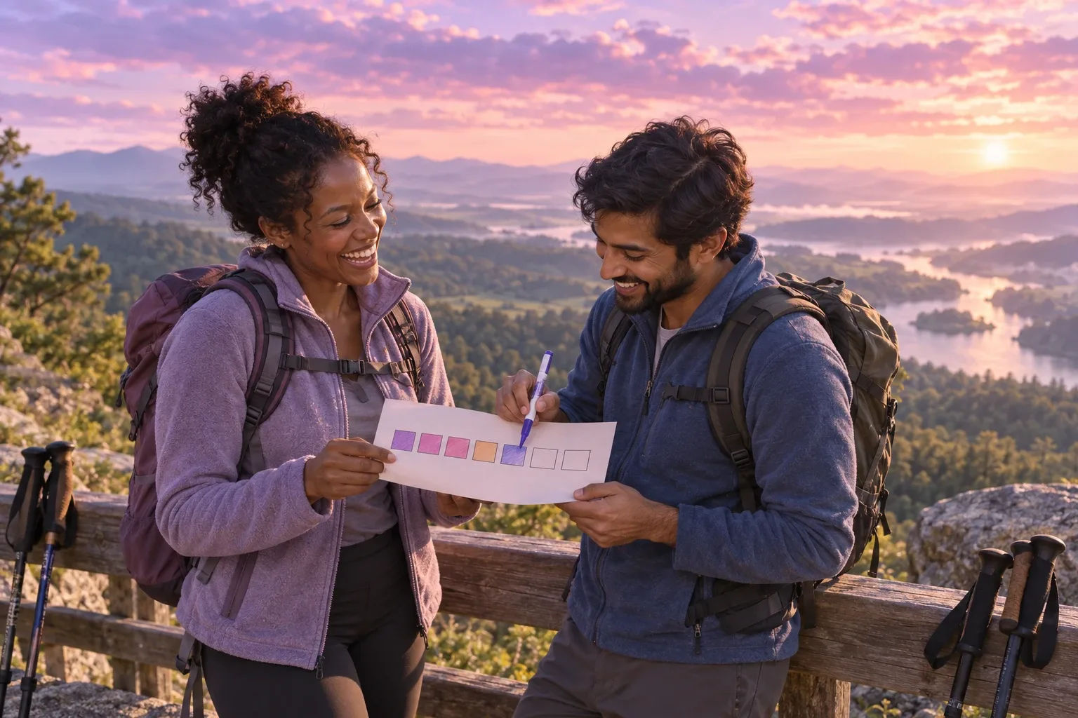 Debt-free vision board tracker being coloured in by two friends at a hiking-trail overlook